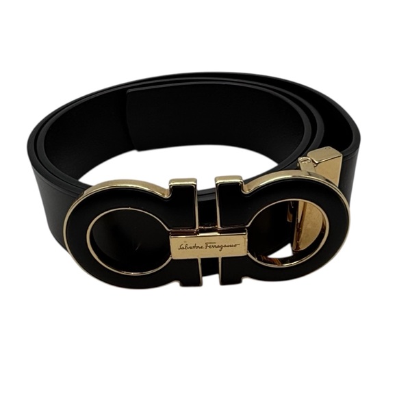 Salvatore Ferragamo Unisex Black Leather Belt with Gold Buckle Size 36 - Picture 2 of 10